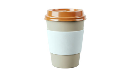 To-go coffee cup with orange lid and white sleeve