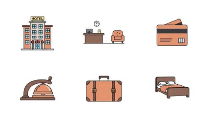 Hotel and hospitality icons building reception credit card bell luggage bed