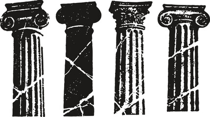 Naklejka premium Four ancient greek columns in distressed black ink style, classical architecture design with cracks