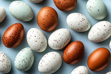 Assorted chicken eggs on blue background ultra hd photo
