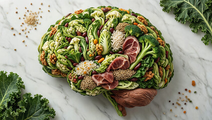 Healthy brain composed of fresh vegetables, legumes and meat for optimal cognitive function