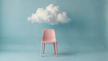 Pastel pink chair with a fluffy white cloud above, dreamy concept and minimalist design