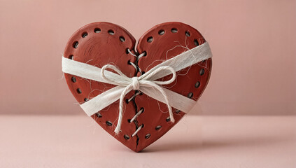 Broken red heart stitched together with twine, love and healing concept with emotional impact