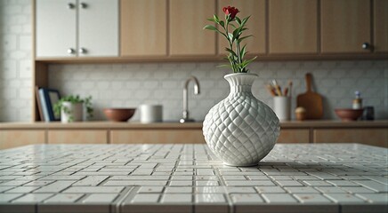 Elegant white vase with red flower on tiled kitchen countertop