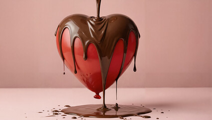 Rich chocolate covering a bright red heart, a delicious love and indulgence concept