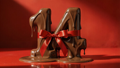 Delicious chocolate number fourteen with red ribbon, sweet indulgence and valentine&rsquo;s day concept