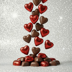 Falling chocolate hearts on a silver glitter background, valentine&rsquo;s day sweetness and festive concept