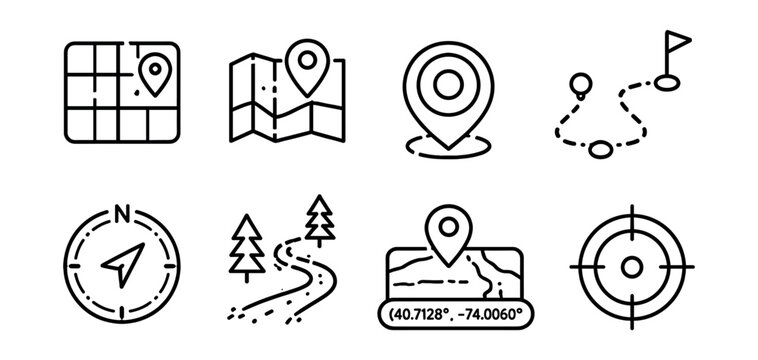 Navigation and maps line icons set