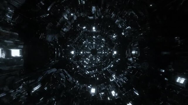 Abstract view of an infinite, dark tunnel with scattered lights