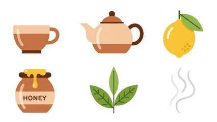 Illustrated tea time elements cup teapot lemon honey leaves steam