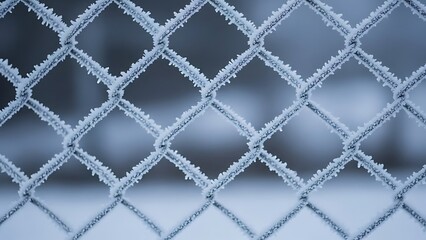 Fototapeta premium Frosty chain link fence with ice crystals on metal wires 1