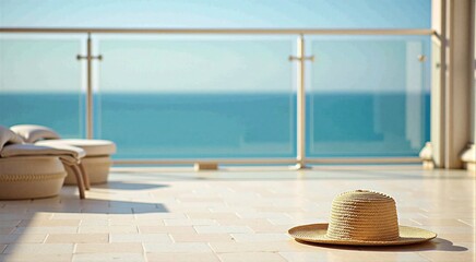 Serene oceanfront balcony with straw hat on sunlit terrace