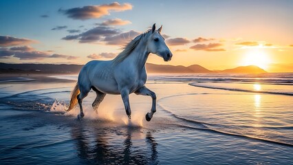 White Horse Running on Beach at Sunset.