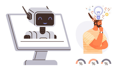 Obraz premium Artificial intelligence, chatbots, innovation, creativity, technology, problem-solving. Robot smiling on a computer screen, man with ideas illustrated as a lightbulb. Artificial intelligence