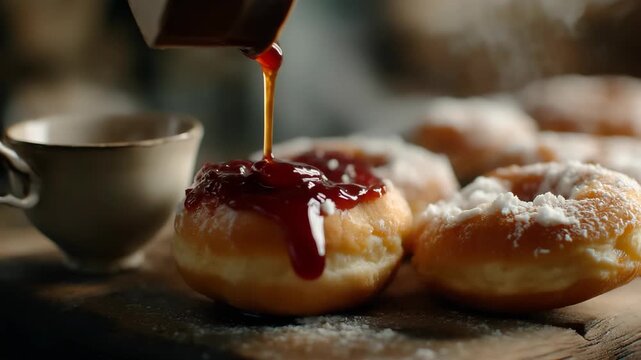 Freshly baked doughnuts, pouring sweet jam 