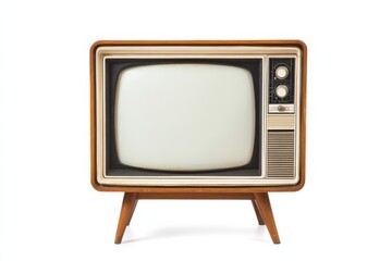Old vintage retro television set with blank screen isolated on a white background from mid-20th century, representing classic design and technology of that era in home entertainment