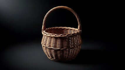 Wicker Basket with Handle on Dark Background.