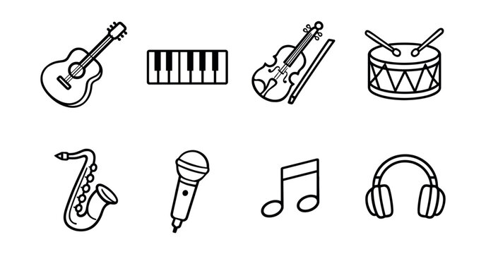 Music instruments line drawings set