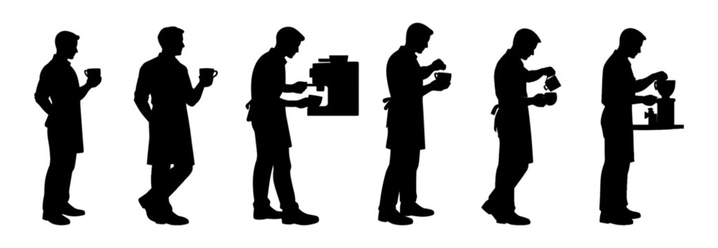 Professional people silhouettes showing coffee making and barista work. Black human figures preparing drinks in cafe service activities