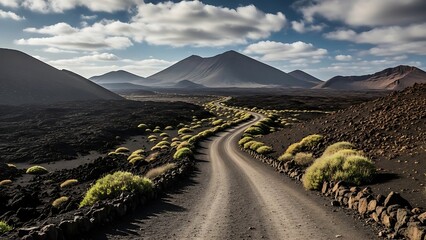 Winding Dirt Road Through Volcanic Landscape.