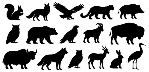 Wild animal silhouettes showing forest species in simple poses. Black animal figures for nature and wildlife themes
