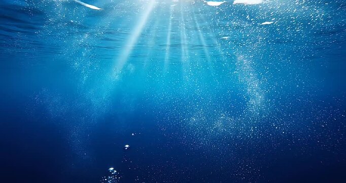 Mystical Underwater Realm: Radiant sunbeams dance through the depths of a pristine, sapphire ocean, creating an ethereal and captivating display of light and shadow, evoking a sense of serenity.