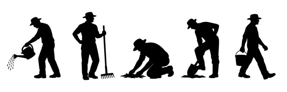 Farmer silhouettes showing gardening and agricultural work actions. Black human figures using tools, watering, planting, and carrying buckets