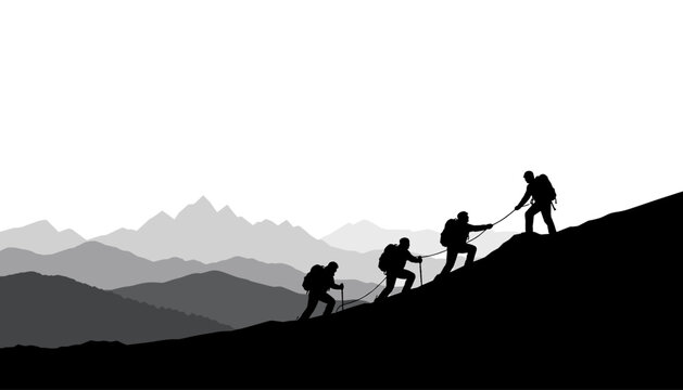 Mountain climbers silhouettes helping each other during ascent. Scene symbolizing teamwork, support, and achievement