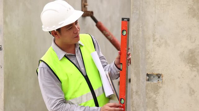 measurement horizontal deviation of construction. Balance Bubble level ruler, Tools equipment building and engineering. Civil engineer Asian man in safety hard hat helmet working at construction site