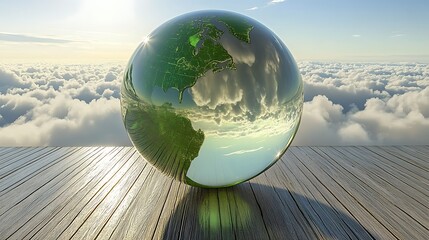 Glass globe on wooden surface above clouds ultra hd photo
