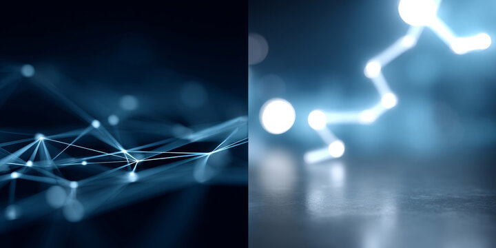 Abstract digital network connections and glowing nodes split composition with blurred background and futuristic technology concept - Powered by Adobe