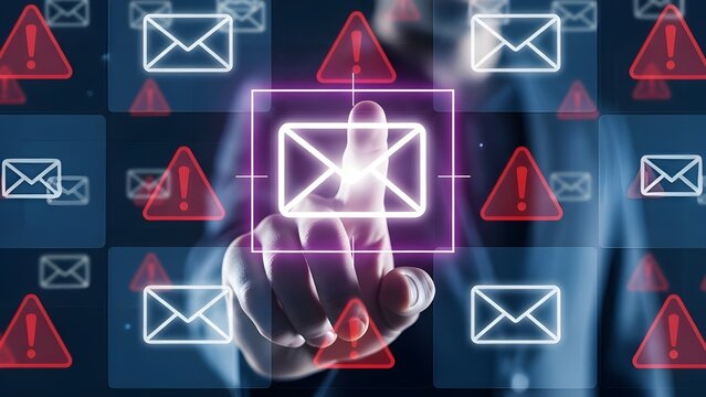 Unmasking digital threats: a hand interacts with an email icon amidst warning signs - Powered by Adobe