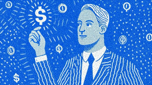 Vintage stipple art illustration of a businessman holding a glowing dollar sign symbol with floating coins on blue background, financial success concept. 4K UHD