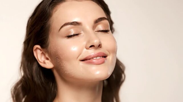 Woman's face glistening with refreshing mist from a spray bottle
