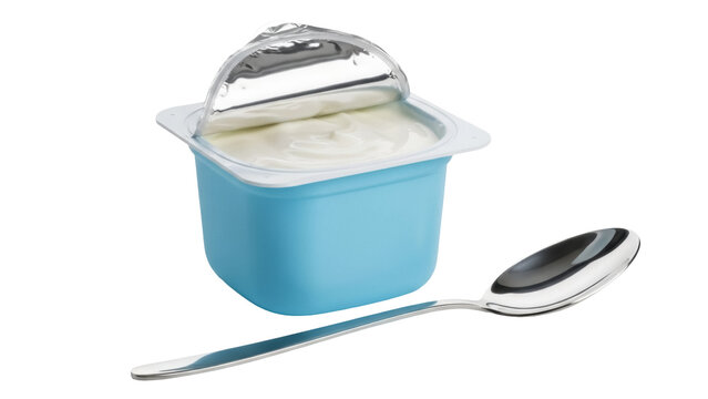 Open blue yogurt cup with silver spoon isolated PNG, creamy dairy dessert for healthy breakfast or snack on transparent background