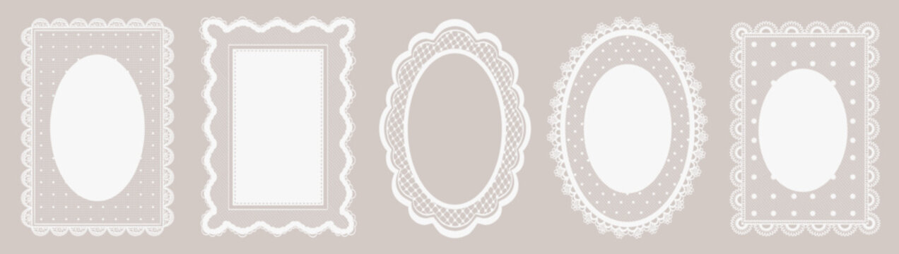White whimsical lace frames and doilies decorations. Oval and vertical shapes and borders with vintage elegance. Crochet, whimsy elements and shapes perfect for branding, scrapbooking, social media.