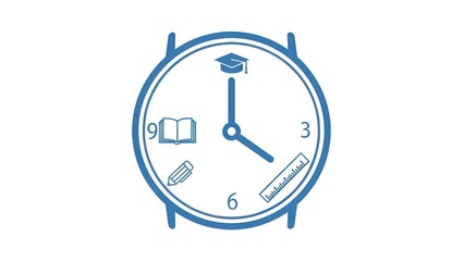 Clock face with education symbols illustration on white background