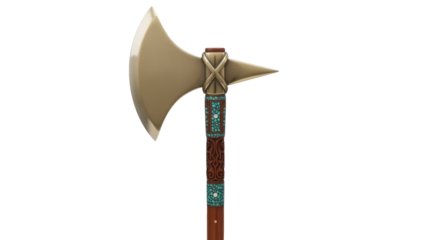 Ornate battle axe PNG isolated on transparent background, medieval weapon with turquoise and wood details for fantasy games