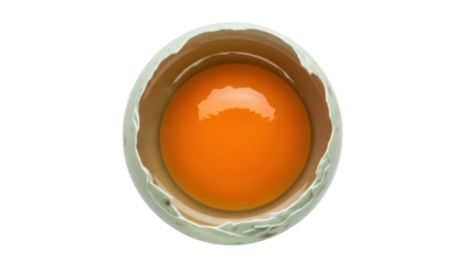 Fresh egg yolk in cracked shell isolated PNG, vibrant orange color and natural texture on transparent background for culinary design