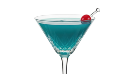 Blue cocktail in martini glass with cherry isolated PNG, alcoholic beverage for party and celebration on transparent background