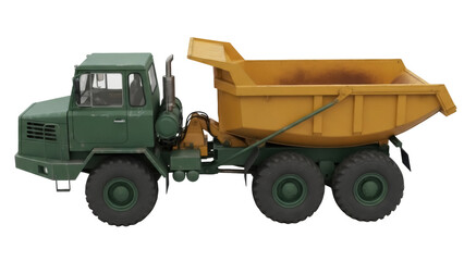 Obraz premium Green and yellow dump truck PNG isolated on transparent background, heavy construction vehicle for building and transportation projects