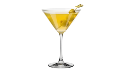 Classic martini cocktail with olives isolated PNG, elegant alcoholic beverage for bars and celebrations on transparent background