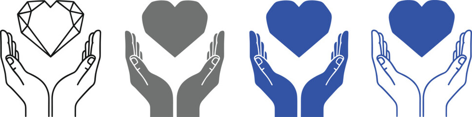 Obraz premium Hands holding heart icon set with diamond and solid styles symbolizing care, protection, charity and love concepts vector illustration