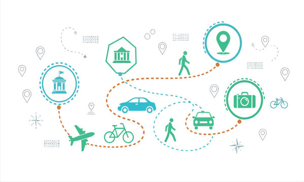 Print  Multimodal City Travel and Tourism Route Map with Transportation Icons