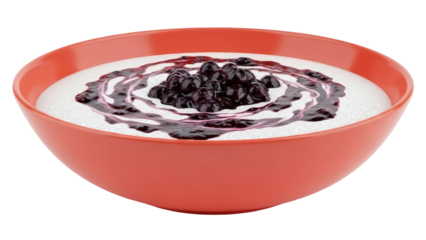 Delicious blueberry chia seed pudding in orange bowl isolated PNG, healthy breakfast dessert with fruit topping on transparent background