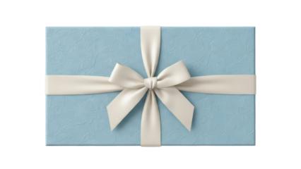 Light blue gift box with cream ribbon isolated PNG, present with floral pattern on transparent background, celebration and surprise