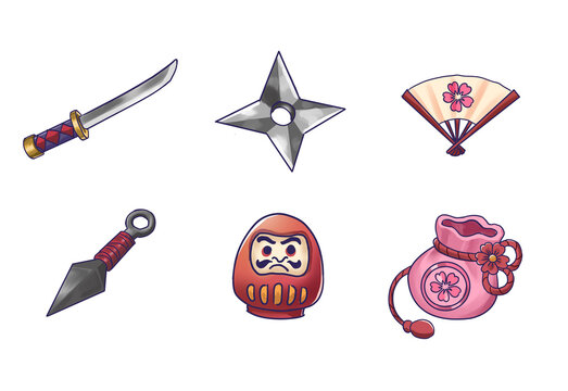 Cute hand-drawn illustration set of Japanese cultural items including katana sword, shuriken, throwing knife, folding fan, daruma doll, and decorative pouch, isolated on white.