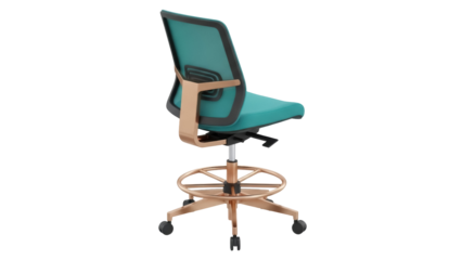 Modern teal office chair PNG isolated on transparent background, ergonomic adjustable stool for desk work and home office furniture