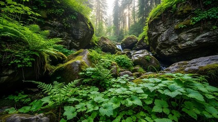 Serene forest landscape with lush greenery and rocky stream