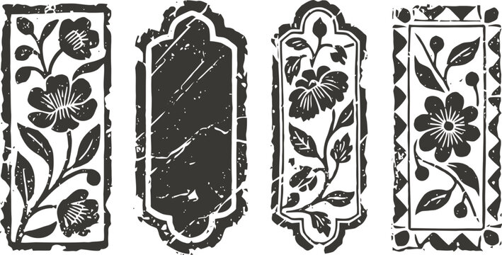 Set of vintage floral decorative panels with ornamental frame borders in black and white